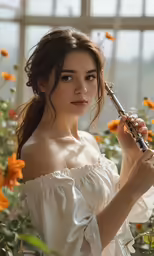 a beautiful young woman standing in front of a field of flowers holding an umbrella