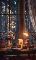 a wooden desk topped with a lamp and vase