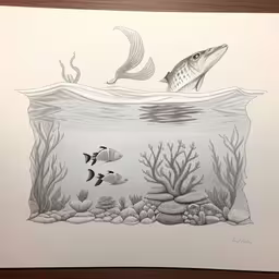 an image of fish swimming in a sea,this is a drawing of two fish and seaweed,a pencil drawing of two fish swimming in an aquarium,an aquarium with many fish swimming on top of it,a drawing of two fish swimming over a water source