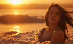 a woman laying in sand with long hair