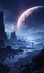 a landscape image of some dark planets next to the ocean