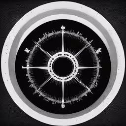 the inside view of a compass on a black and white background