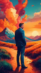 a man standing in the middle of a dirt road,a man standing in an orange sky with clouds