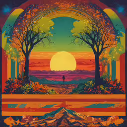 a poster that shows a man standing in the middle of an open space,the sunset over a landscape and a person walking
