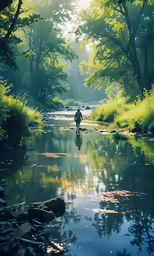 a person walking across a body of water next to trees