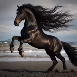 a black horse is running on the beach
