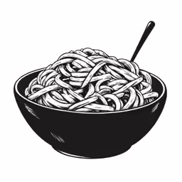 a black and white image of a bowl of spaghetti