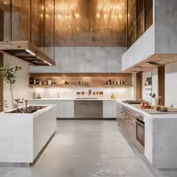 a concrete kitchen with wooden cabinet doors and counters