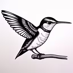 a small bird perched on top of a wooden branch,a drawing of a hummingbird sitting on a twig