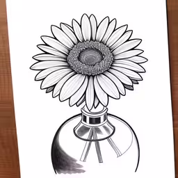 a drawing of a sunflower in a vase,a black and white drawing of a sunflower in a vase