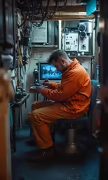 the man sits at his computer desk in an orange prison uniform