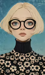 a portrait of a blond woman wearing glasses with an overcoat on top