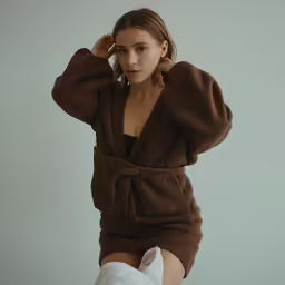 a woman sitting on the bed in her bath robe