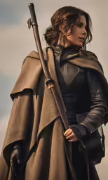 a woman in leather, cloak and cape holding a sword