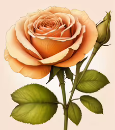 an orange rose with green leaves on it,a single yellow rose on a white background