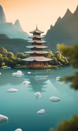 the illustration depicts a lake and a pagoda