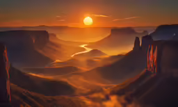 a view of an orange and yellow sunset over a canyon