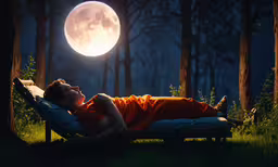 a woman is laying down on a chaise lounge in front of the moon,the man is asleep on a blue chaise in the grass by the tree