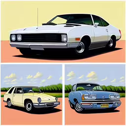 three different cars are shown in four separate paintings,a couple of cars sitting on top of a sandy beach