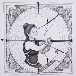 a drawing of a girl holding a bow and arrow,an image of a woman aiming a bow,drawing of a lady with bow and arrow,an art work with pencils of a woman holding a bow and arrows,a drawing of a woman aiming with a bow