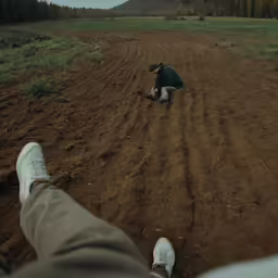 the view from behind two people sitting on a dirt road