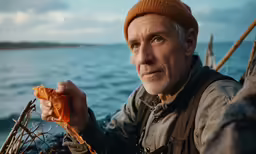 a man holds a piece of food near the water