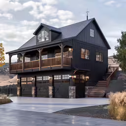two story, rustic style house is built in the mountains,a large black house with a garage in front