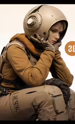 an advertisement featuring an older person with a helmet, coat and gloves