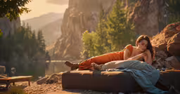 a woman lies down on the floor in a rocky landscape,a woman lying on top of a bag in the middle of a wilderness