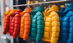 colorful jackets lined up in front of a store window