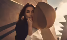 a woman in black jacket leaning against a beige structure