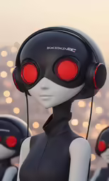 a group of cartoon characters are wearing red eyes and headphones