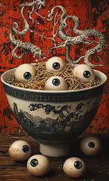 an artistic picture of a bowl full of noodles and asian food
