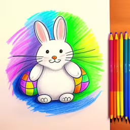 a drawing of a cartoon bunny with easter eggs and colored crayons,a bunny holding a small ball sitting next to some colored pencils