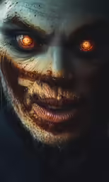 the face and eye of a zombie, with blood on its lips