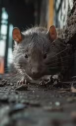a rat stares from underneath a pile of wood