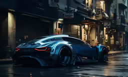 a blue sports car on a wet street