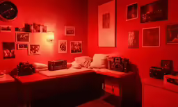 a room with a large red lit wall and some small beds