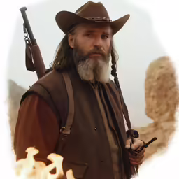 an old man with a beard and long hair holding a gun