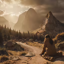 a young girl sits in the dirt and looks at a large mountain range