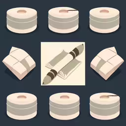 a series of different objects in a flat lay,paper rolls and a rolled up roll of toilet paper,a group of rolls and pillows next to each other,a set of realistic objects, including two rolls of tissue and two cups, are shown,a collection of white objects on a black background