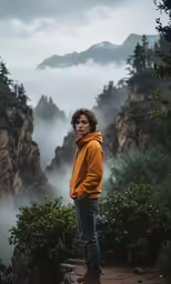 a person standing at the top of a hill in a yellow jacket