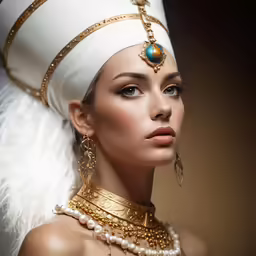 a woman with a turban, pearl jewelry, and an evil look