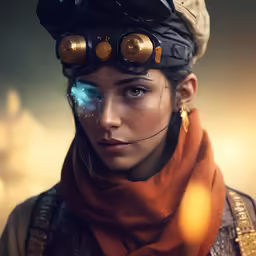 a woman is wearing goggles with gold accents on their face