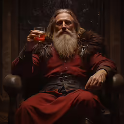 bearded man in red dress sitting on chair and holding beer