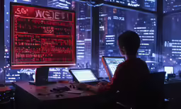 a person is at a desk in a building with two computers and a projection screen showing a red neon
