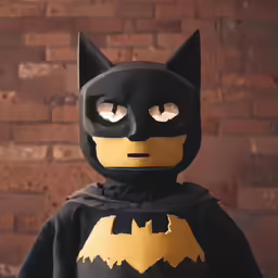 a toy batman with dark eyes and a hood on