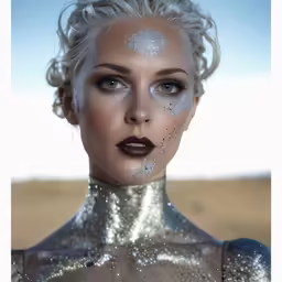 the woman with makeup has many silver paint all over her face