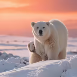 two polar bears are standing in the snow