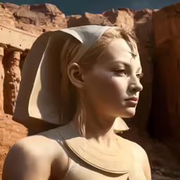 a statue of a woman in the desert wearing an egyptian hat